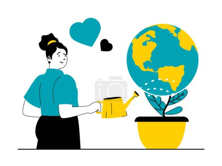 Ilustración de Save Earth concept with character situation. Woman watering planet growing from plant in pot, takes care of nature and conserves resources. Vector illustration with people scene in flat design for web - Imagen libre de derechos