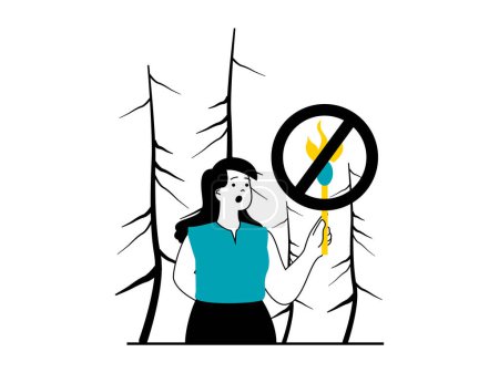 Ilustración de Save Earth concept with character situation. Woman environmental activist calls to stop climate change and forest fires, protect nature. Vector illustration with people scene in flat design for web - Imagen libre de derechos