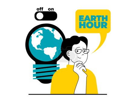 Illustration for Save Earth concept with character situation. Man joins to campaigning for climate change awareness and turn off electricity for time. Vector illustration with people scene in flat design for web - Royalty Free Image