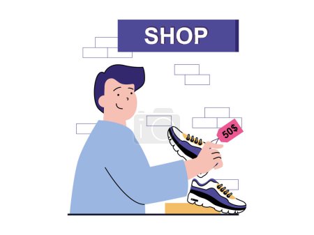 Illustration for Shopping concept with character situation. Customer buys sneakers in store. Man chooses sports footwears in shoe department of boutique. Vector illustration with people scene in flat design for web - Royalty Free Image