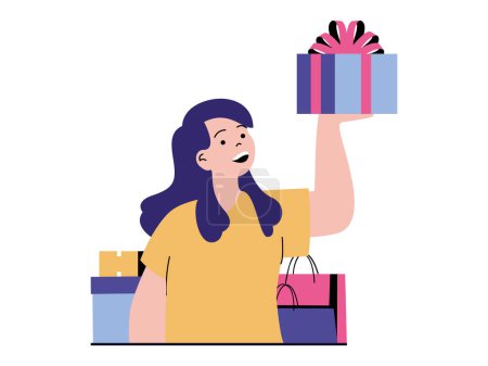 Illustration for Shopping concept with character situation. Happy woman makes lot of purchases in store and receives gift under special loyalty program. Vector illustration with people scene in flat design for web - Royalty Free Image