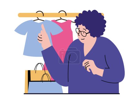 Illustration for Shopping concept with character situation. Woman chooses new clothes from assortment of store, makes lot of purchases at discount prices. Vector illustration with people scene in flat design for web - Royalty Free Image