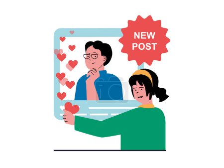 Ilustración de Social network concept with character situation. Woman puts like and heart on new post with photo of blogger or friend, comments in blog. Vector illustration with people scene in flat design for web - Imagen libre de derechos