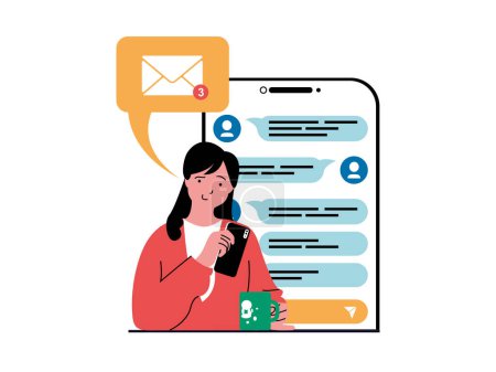 Ilustración de Social network concept with character situation. Woman chats with friend and receives new messages, communicates online using mobile app. Vector illustration with people scene in flat design for web - Imagen libre de derechos