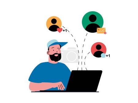 Illustration for Social network concept with character situation. Man chats with friend, receives new messages, comments and likes using laptop programs. Vector illustration with people scene in flat design for web - Royalty Free Image