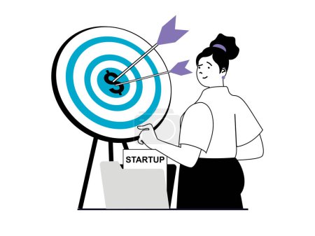 Téléchargez les illustrations : Startup concept with character situation. Woman launches new business project, earning money, achieves career goals and hitting the target. Vector illustration with people scene in flat design for web - en licence libre de droit