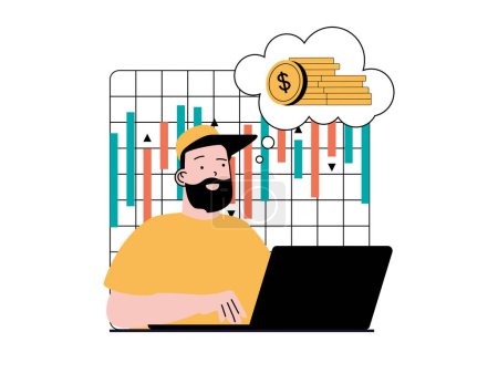 Téléchargez les illustrations : Stock trading concept with character situation. Man earns money trading stocks on exchange, analyzes indices and trends, works on laptop. Vector illustration with people scene in flat design for web - en licence libre de droit