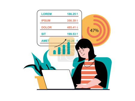 Illustration for Stock trading concept with character situation. Woman earning money, analyzes data and has successful financial strategy on exchange. Vector illustration with people scene in flat design for web - Royalty Free Image