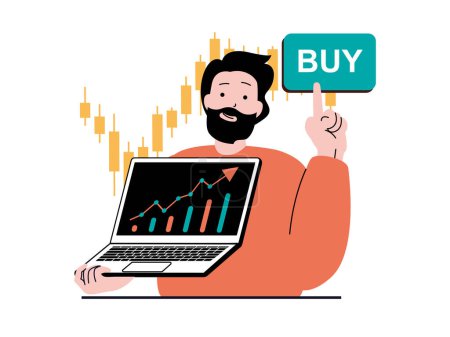 Téléchargez les illustrations : Stock trading concept with character situation. Man earning money and increases his investments from positive trends in stock exchange. Vector illustration with people scene in flat design for web - en licence libre de droit