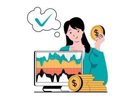 Téléchargez les illustrations : Stock trading concept with character situation. Woman increases her income, analyzes financial statistic graphs and stock market trends. Vector illustration with people scene in flat design for web - en licence libre de droit