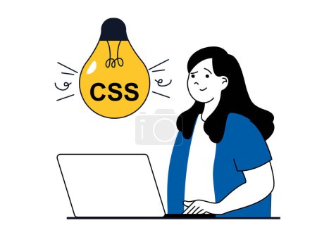 Ilustración de Web development concept with character situation. Woman working with programming code and settings, brainstorming and creates interface. Vector illustration with people scene in flat design for web - Imagen libre de derechos