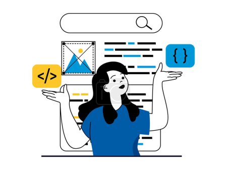 Illustration for Web development concept with character situation. Woman working with code, creates sites template, testing and settings, plasing content. Vector illustration with people scene in flat design for web - Royalty Free Image