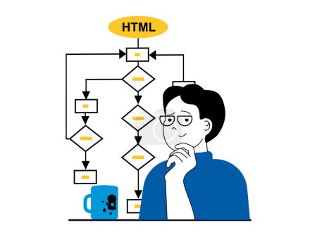 Téléchargez les illustrations : Web development concept with character situation. Man developer coding and creates algorithms, finding solutions and settings project. Vector illustration with people scene in flat design for web - en licence libre de droit