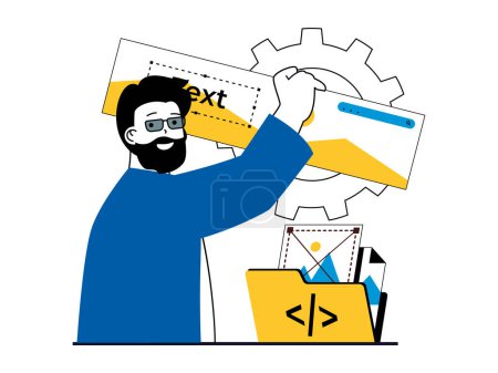 Illustration for Web development concept with character situation. Man creates layout interface, building sites and placing content and graphic elements. Vector illustration with people scene in flat design for web - Royalty Free Image