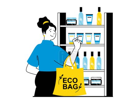 Illustration for Zero waste concept with character situation. Woman using fabric eco bag for shopping, buying organic products and eco friendly items. Vector illustration with people scene in flat design for web - Royalty Free Image