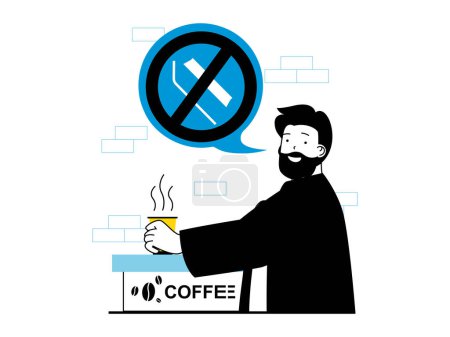 Illustration for Zero waste concept with character situation. Man drinks coffee from paper cup and refuses plastic straws, care ecology and environment. Vector illustration with people scene in flat design for web - Royalty Free Image