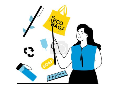 Ilustración de Zero waste concept with character situation. Woman pointing at eco products, bamboo toothbrush, testicle shopping bag, glass bottle, other. Vector illustration with people scene in flat design for web - Imagen libre de derechos