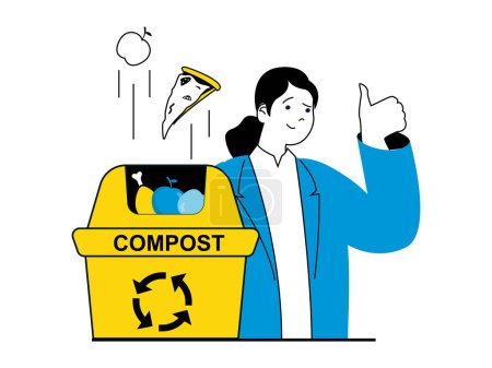 Téléchargez les illustrations : Zero waste concept with character situation. Woman sorts and separates garbage, using organic waste to create garden compost in container. Vector illustration with people scene in flat design for web - en licence libre de droit