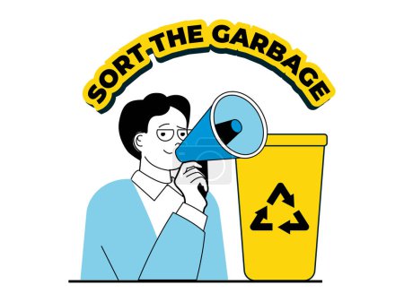 Téléchargez les illustrations : Zero waste concept with character situation. Activist with megaphone calls for sorting garbage, separating and sending it for recycling. Vector illustration with people scene in flat design for web - en licence libre de droit