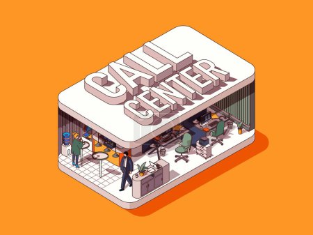 Téléchargez les illustrations : Call center concept in 3d isometric graphic design. Consulting clients and solving problems, technical support work in office. Vector illustration with people in isometric room interior for web banner - en licence libre de droit