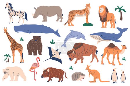 Téléchargez les illustrations : Les animaux définissent des éléments graphiques dans le design plat. Lot de zèbres, rhinocéros, léopard, lion, baleine, dauphin, buffle, raie, chameau, flamant rose et autres. Illustration vectorielle objets isolés - en licence libre de droit