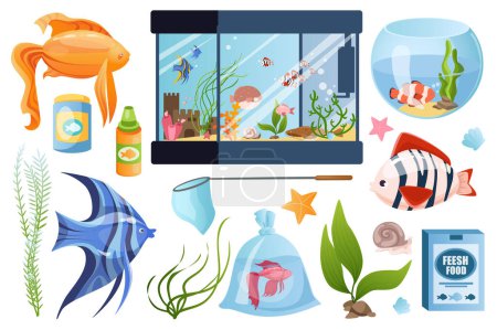 Ilustración de Aquarium set graphic elements in flat design. Bundle of exotic or tropical fishes, differents fishbowls, net, algae plant, snail, fish food and other accessories. Vector illustration isolated objects - Imagen libre de derechos