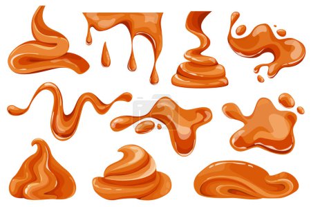 Téléchargez les illustrations : Melted caramel set graphic elements in flat design. Bundle of caramel flowing and dripping, liquid toffee candies with splash and droplet, confectionery topping. Vector illustration isolated objects - en licence libre de droit