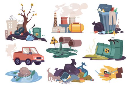 Téléchargez les illustrations : Environmental pollution set graphic elements in flat design. Bundle of dump garbage, factory emissions, dumpster, car exhaust, toxic waste in barrels and other. Vector illustration isolated objects - en licence libre de droit
