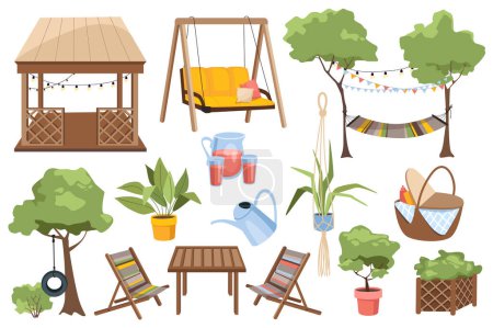 Muebles de jardín fijan elementos gráficos en diseño plano. Paquete de gazebo de madera, hamaca, árboles, macetas, jarra y vasos, cesta de picnic, mesa, sillas y otros. Ilustración vectorial objetos aislados