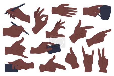 Téléchargez les illustrations : Les gestes des mains placent des éléments graphiques dans un design plat. Un paquet de mains afro-américaines écrivant, tenant la coupe, pointant, montrant ok, comme, rock, victoire et autre. Illustration vectorielle objets isolés - en licence libre de droit