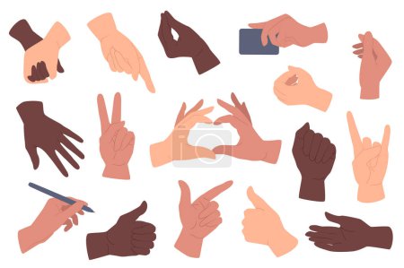 Téléchargez les illustrations : Les gestes des mains placent des éléments graphiques dans un design plat. Un paquet de mains caucasiennes et afro-américaines tenant, pointant, montrant du cœur, comme du rock et d'autres gestes. Illustration vectorielle objets isolés - en licence libre de droit