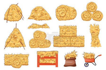 Téléchargez les illustrations : Hay bales set graphic elements in flat design. Bundle of bales of wheat straw of different shapes, roll piles, dried haystacks, store in bag, wheelbarrow or crate. Vector illustration isolated objects - en licence libre de droit