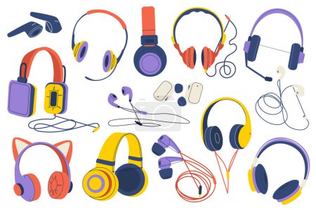 Illustration for Headphones set graphic elements in flat design. Bundle of devices for listening to music and audio, earphones of various shapes, wireless vacuum plugs and other. Vector illustration isolated objects - Royalty Free Image