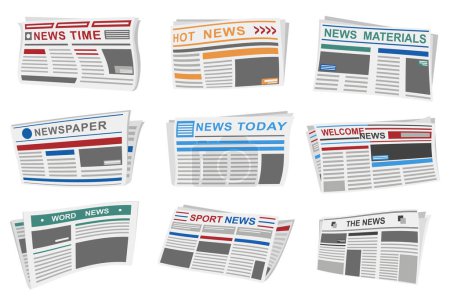 Illustration for Newspapers set graphic elements in flat design. Bundle of periodical publications with different article headers, news times, world tabloids, paper mass media. Vector illustration isolated objects - Royalty Free Image