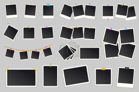 Illustration for Photo frames set graphic elements in flat design. Bundle of different types of vintage photograph frames with empty space on sticky tape, pins and wall decor. Vector illustration isolated objects - Royalty Free Image