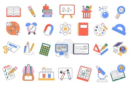 Téléchargez les illustrations : School supplies set graphic elements in flat design. Bundle of book, pencil, chalkboard, flask, magnifying glass, dna, clock, magnet, atom, notebook and other. Vector illustration isolated objects - en licence libre de droit