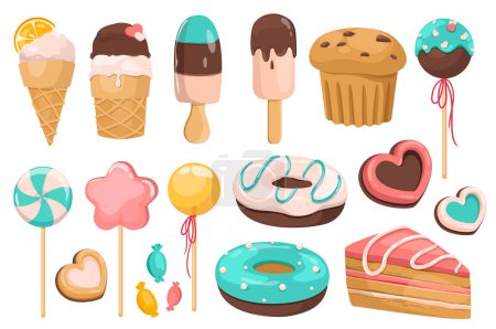 Téléchargez les illustrations : Sweets and dessert set graphic elements in flat design. Bundle of ice creams, cupcake, lollipops, cookie, donuts, piece of cake, candis and other confectionery. Vector illustration isolated objects - en licence libre de droit