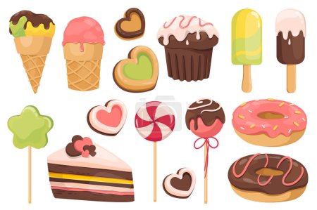 Illustration for Sweets and dessert set graphic elements in flat design. Bundle of different types of ice creams, cupcake, lollipops, cookie, donuts, cake and other confectionery. Vector illustration isolated objects - Royalty Free Image
