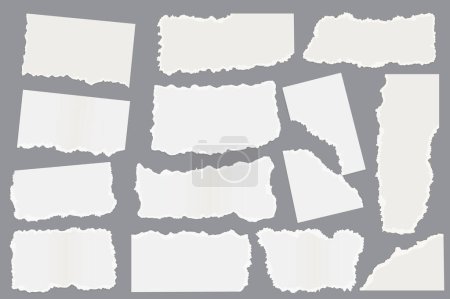 Téléchargez les illustrations : Torn paper set graphic elements in flat design. Bundle of different shapes of white ripped paper scraps with empty spaces, page pieces with torn ripped edges. Vector illustration isolated objects - en licence libre de droit