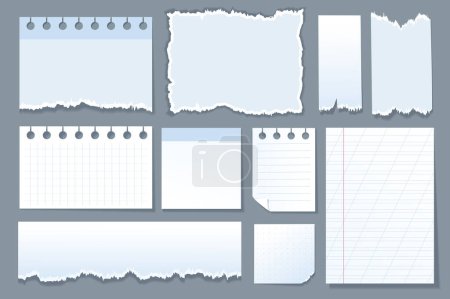 Illustration for Torn paper set graphic elements in flat design. Bundle of different shapes of ripped pages with checkered, line or dots, white paper scraps with empty spaces. Vector illustration isolated objects - Royalty Free Image