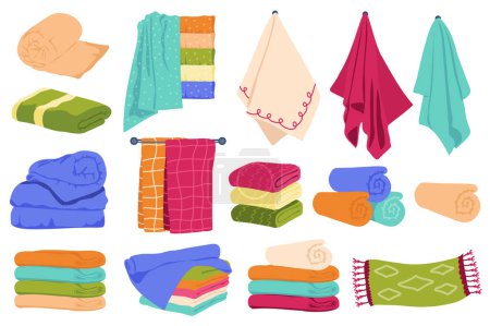 Ilustración de Towels set graphic elements in flat design. Bundle of colored towels and napkins of various shapes, rolled up, lying in pile, hanging on bathroom or kitchen wall. Vector illustration isolated objects - Imagen libre de derechos