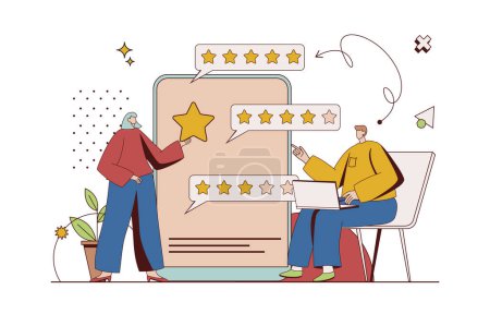 Illustration for Best feedback concept with character situation in flat design. Man and woman giving high rating stars and writing reviews with their positive experience. Vector illustration with people scene for web - Royalty Free Image