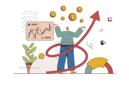 Illustration for Crypto investment concept with character situation in flat design. Man analyzes data from online exchanges and investing in cryptocurrency for profit. Vector illustration with people scene for web - Royalty Free Image