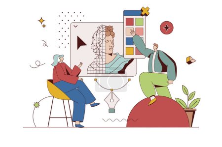 Designer agency concept with character situation in flat design. Man and woman are discussing art project, working with trendy palette and visual content. Vector illustration with people scene for web