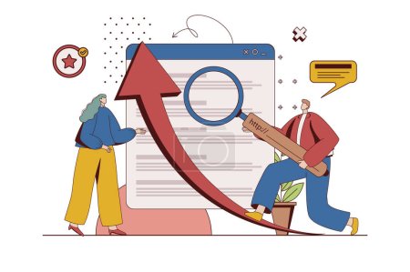 Illustration for Seo optimization concept with character situation in flat design. Man and woman select keywords and work with search queries, increase site ranking. Vector illustration with people scene for web - Royalty Free Image