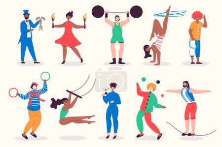 Illustration for People work in circus set in flat design. Men and women performing as jugglers, acrobats, clowns, magician and other staff. Bundle of diverse characters. Vector illustration isolated persons for web - Royalty Free Image