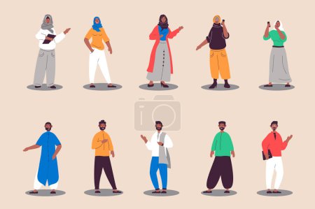 Ilustración de Gente árabe ambientada en diseño plano. Mujeres y hombres felices con trajes modernos y ropa étnica tradicional y hiyab musulmán. Conjunto de diversos personajes. Ilustración vectorial personas aisladas para web - Imagen libre de derechos