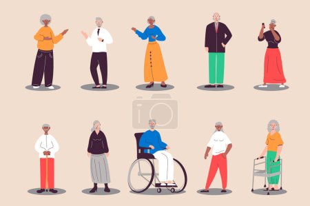 Illustration for Elderly people set in flat design. Retired women and men standing and walking, grandfather in wheelchair, other. Bundle of diverse multiracial characters. Vector illustration isolated persons for web - Royalty Free Image