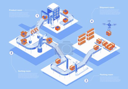 Illustration for Automated industry concept 3d isometric web people scene with infographic. Robotic arms working in assembly line, sorting and packing, shipment by drone. Vector illustration in isometry graphic design - Royalty Free Image