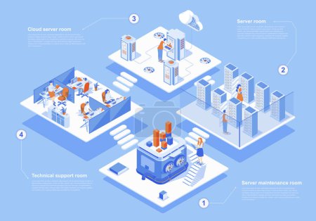 Illustration for Data center concept 3d isometric web scene with infographic. People work in server maintenance and cloud processing hardware, technical support rooms. Vector illustration in isometry graphic design - Royalty Free Image